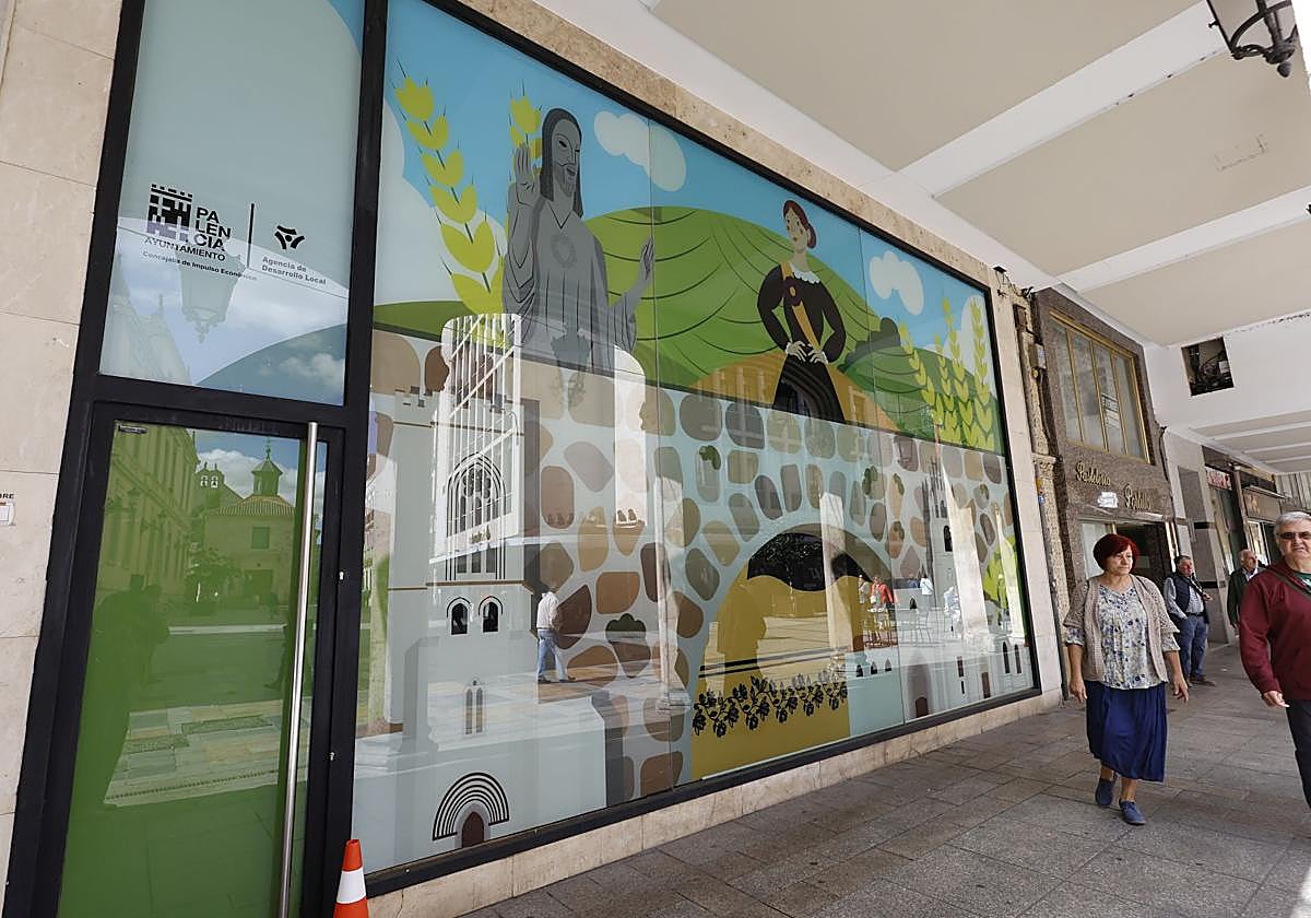 Vinilo instalado por el Ayuntamiento en Villandrando que quiere servir de ejemplo de mejora de escaparate.