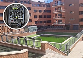 Estado de la piscina inservible en el bloque okupado. En el círculo, enganches al agua.