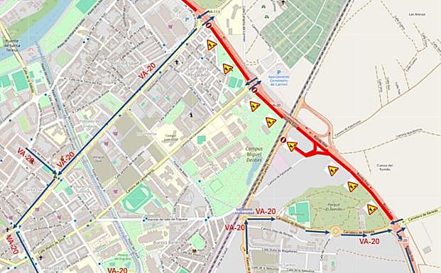 Tramo de la VA-20 que permanecerá cortado desde este martes por la mañana.