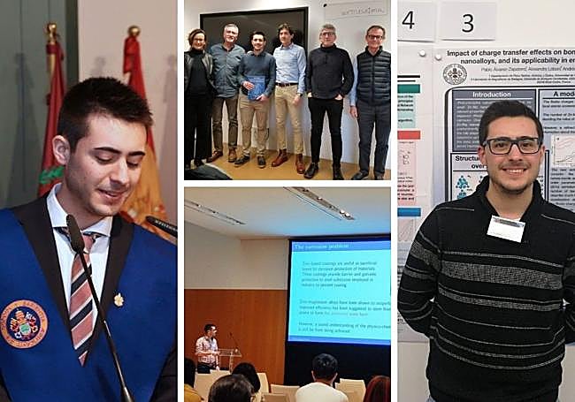 Foto 1.- Pablo Álvarez, durante el acto académico de fin de grado de Física en 2016 en la UVa.- Foto 2.- Tras la lectura de su tesis doctoral. Foto 3.- Durante la presentación de la 5th International Conference on Applied Surface Science, en Mallorca, en abril de 2022. Foto 4.- Durante el Sumposium on Size Selected Cluster, en Davos (Suiza), en febrero de 2020.