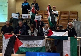 Asistentes al pleno de este viernes con símbolos e insignias propalestinas.