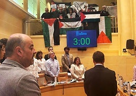 Activistas por Palestina, en el pleno municipal de este viernes.