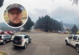 Medios en el puesto de mando de avanzado por el incendio en el nordeste de Segovia, y en el círculo, Miguel Ángel Zambrano, evacuado de La Pinilla.