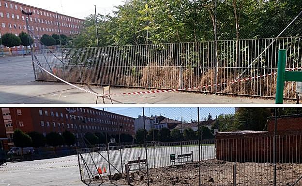 La parcela afectada, antes y después de la limpieza, desde el patio del colegio.