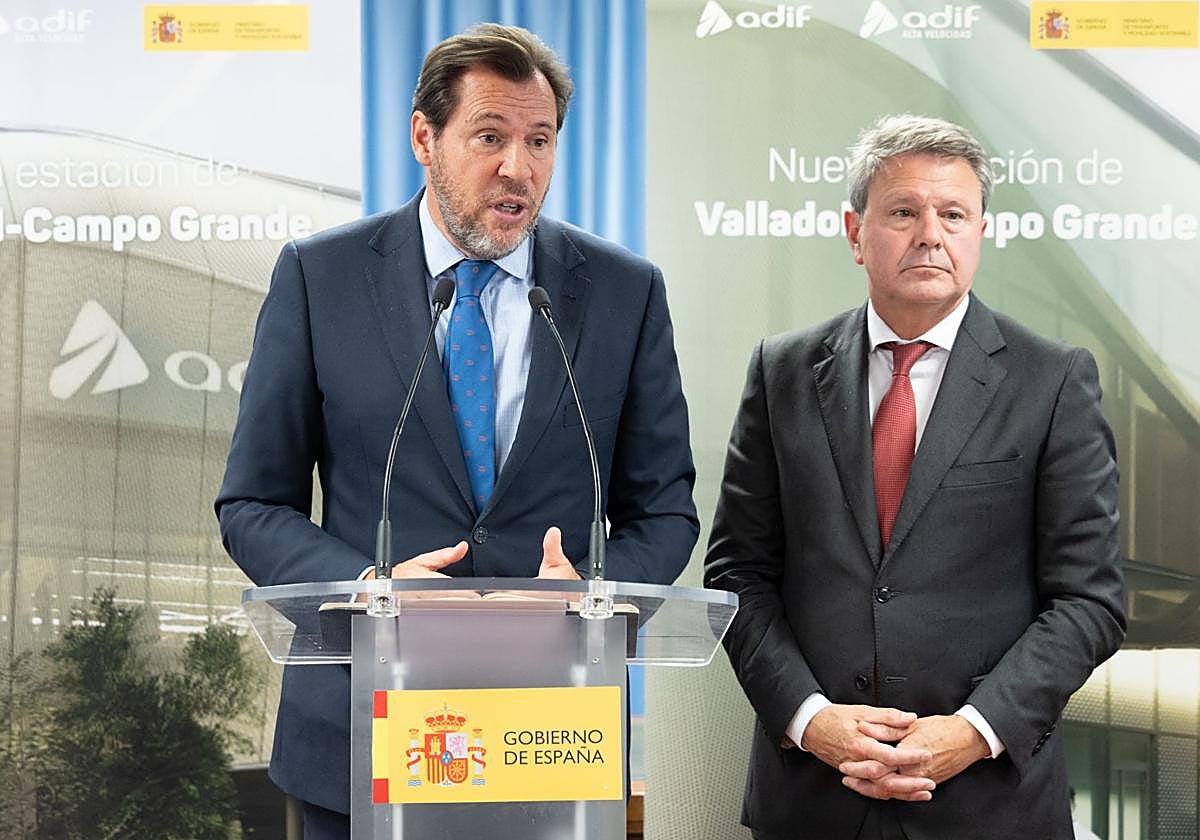 El ministro de Transportes, Óscar Puente, comparece el pasado lunes tras la reunión de la sociedad Vallaolid Alta Velocidad.