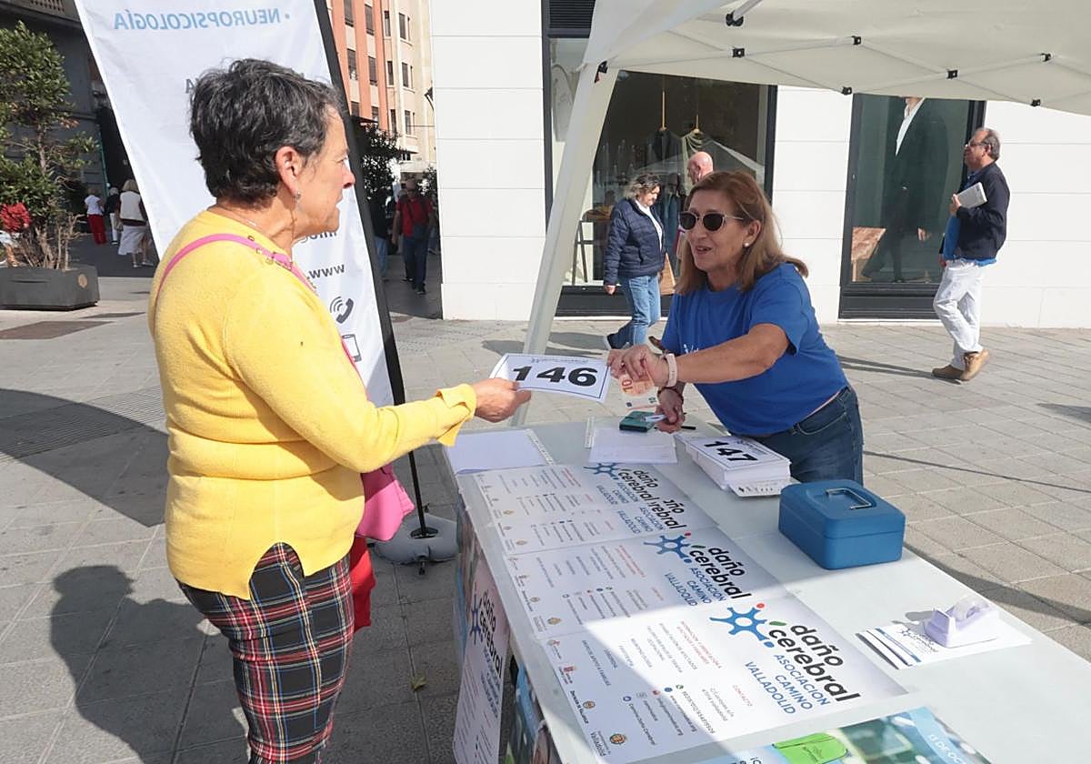 Mesa para inscripciones en la marcha en favor de las personas con daño cerebral adquirido colocada en confluencia de la calle Santiago con la plaza de Zorrilla.