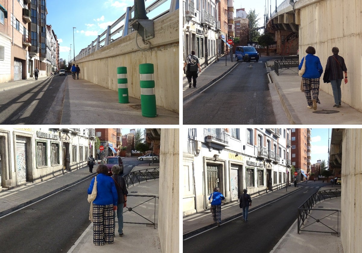 Secuencia del paso de dos mujeres por la acera adosada al viaducto, del lado de la vía de servicio que parte de Recondo, hasta que se topan con la valla que impide el paso y se ven obligadas a cruzar por la calzada.