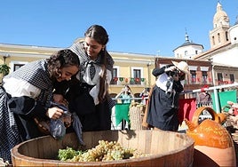 Dos jóvenes disfrutan con las labores propias de la vendimia en la pasada fiesta.