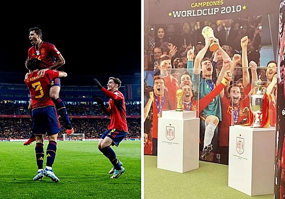 Primer gol durante el partido de clasificación para la Eurocopa 2024, última visita de la Selección a Zorrilla (izquierda) y exposición de los trofeos de la Selección.