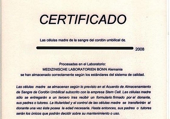 Certificado del almacenamiento de células madre que posee la familia gallega.