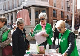 Voluntarias de la Asociación del Cáncer en la mesa informativa instalada en la Calle Mayor, con la estatua de La Mujer con una capa rosa al fondo.