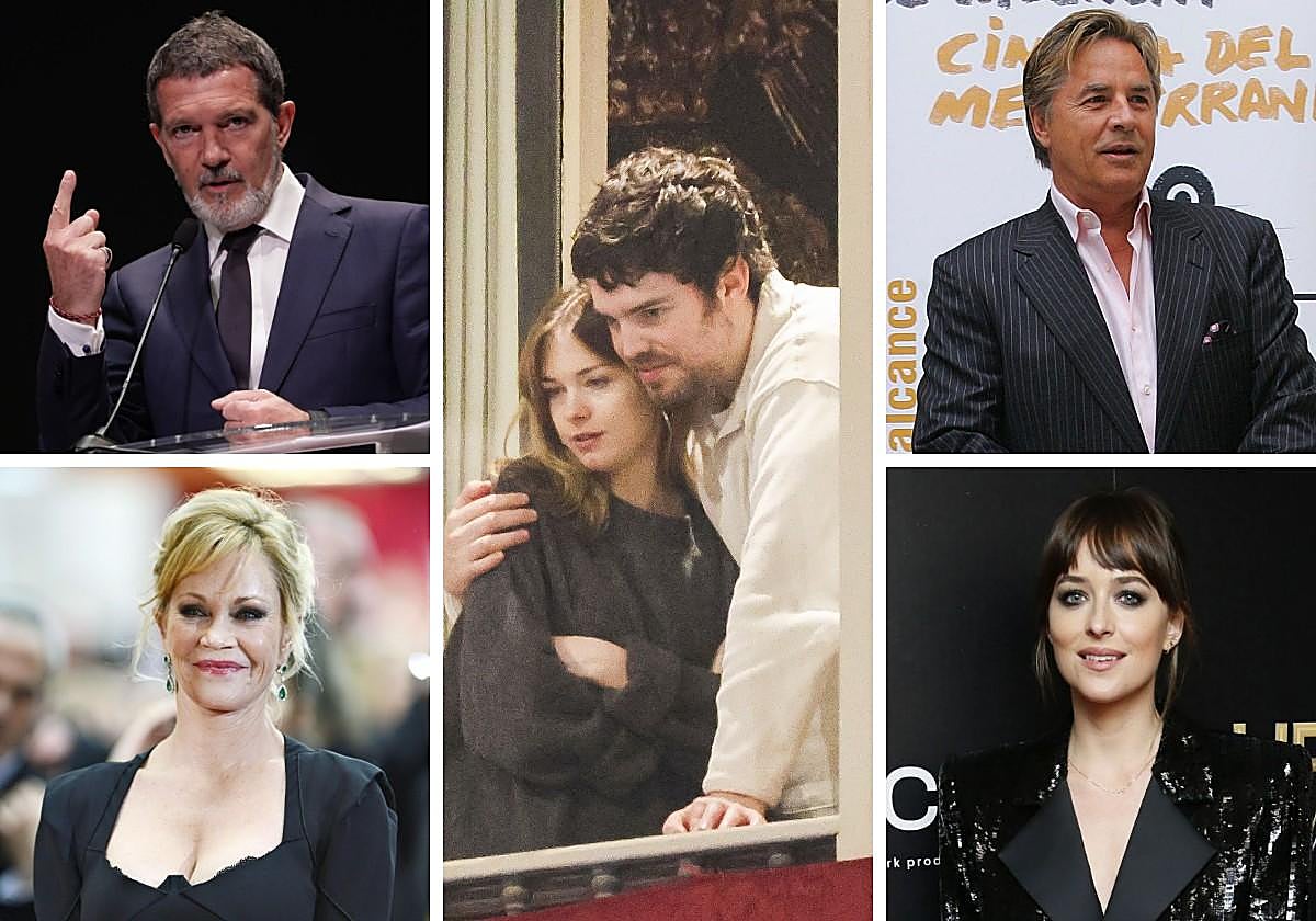 En el centro, Stella del Carmen Banderas junto a Alex Gruszynski. En el sentido de las agujas del reloj, Antonio Banderas, Don Johnson, Dakota Johnson y Melanie Griffith.