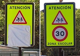 La señal de la calle Manuel Silvela, en la que acaba de taparse (izquierda) la limitación errónea de 30 que lucía (derecha) hasta el pasado miércoles.