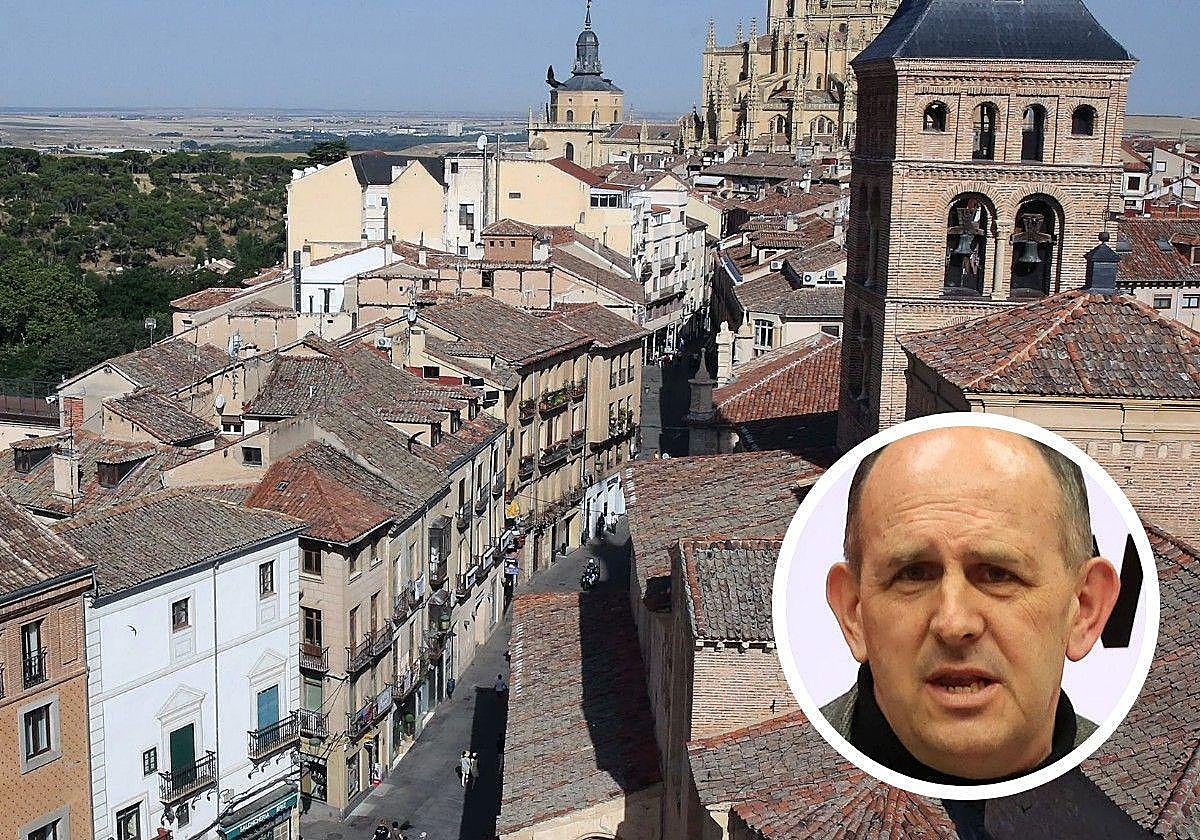 Vista de viviendas de la Calle Real de Segovia, y en el círculo, el secretario provincial del PSOE, José Luis Aceves.