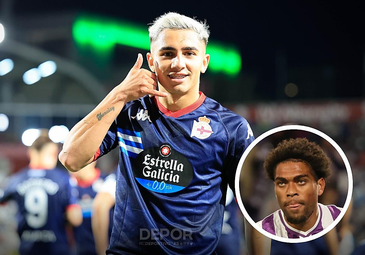 Yeremay celebra un gol con el Dépor. A la derecho Julien Ponceau, jugador más valorado del Pucela.