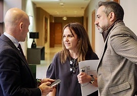 Patricia Gómez Urbán (PSOE) habla con los portavoces de Vox, Carlos Menéndez y David Hierro.