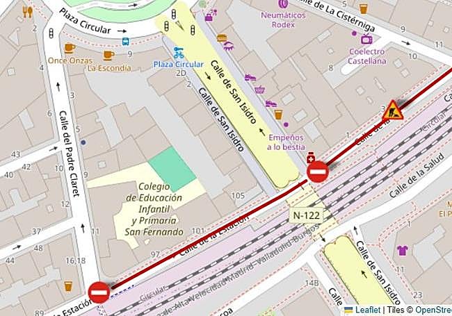 Tramo que se cerrará al tráfico de la calle Estación, entre Padre Claret y Cistérniga, recogida en la web del Ayuntamiento.