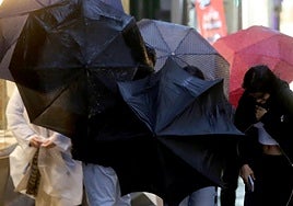 El viento dificulta el paseo de varias personas por la Calle Real de Segovia.