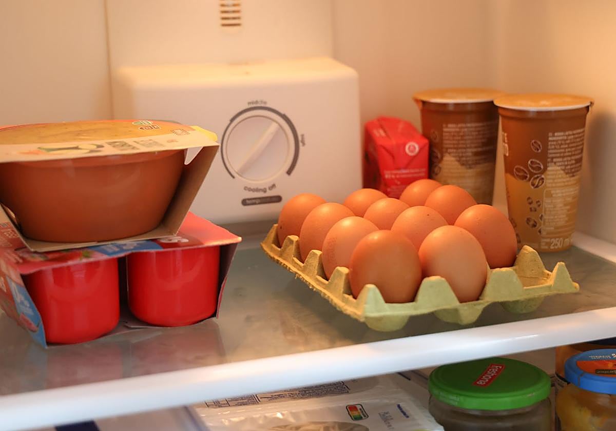 Un frigorífico con lácteos y huevos.