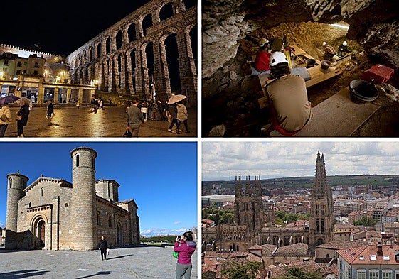 Acueducto de Segovia, yacimiento de Atapuerca, iglesia de San Martín de Frómista y catedral de Burgos.