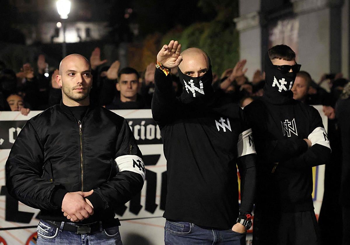 Manifestantes del grupo Núcleo Nacional, el pasado sábado en una marcha frente al Congreso de los Diputados.