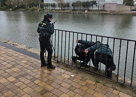 Agentes de la Guardia Civil intervienen para auxiliar al hombre en la dársena del Canal de Castilla en Medina de Rioseco.