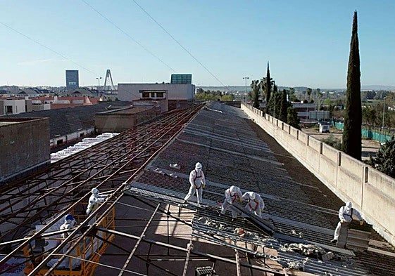Trabajadores protegidos con equipos retiran amianto de un tejado.