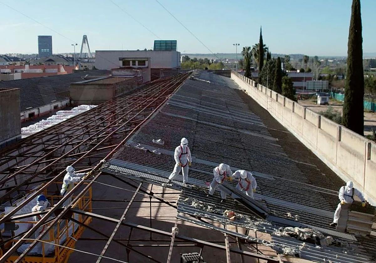 Trabajadores protegidos con equipos retiran amianto de un tejado.
