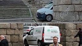 Furgoneta aparcada en el Acueducto y otra pasando entre sus pilares la misma mañana.