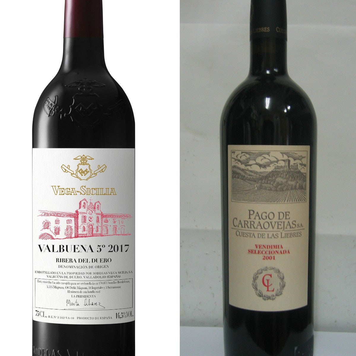 Diferentes añadas de Valbuena 5º Año y Pago de Carraovejas Cuesta de las Liebres, en imágenes de archivo.