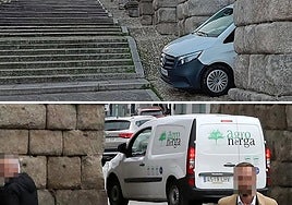 Furgoneta aparcada en el Acueducto y otra pasando entre sus pilares la misma mañana.