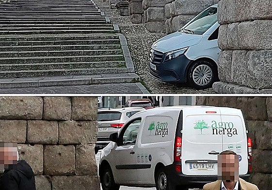 Furgoneta aparcada en el Acueducto y otra pasando entre sus pilares la misma mañana.