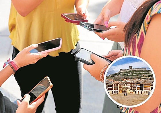 Imagen de archivo de varios jóvenes con el móvil. Debajo a la derecha, una pequeña imagen de Peñafiel.