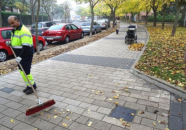 Limpieza de hojas de una acera, este otoño en una calle de Parquesol.