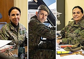 De izquierda a derecha, Beatriz de la Fuente Virto, Sergio Revilla y Carmen Zurita, reservistas del Ejército en la Academia de Caballería.