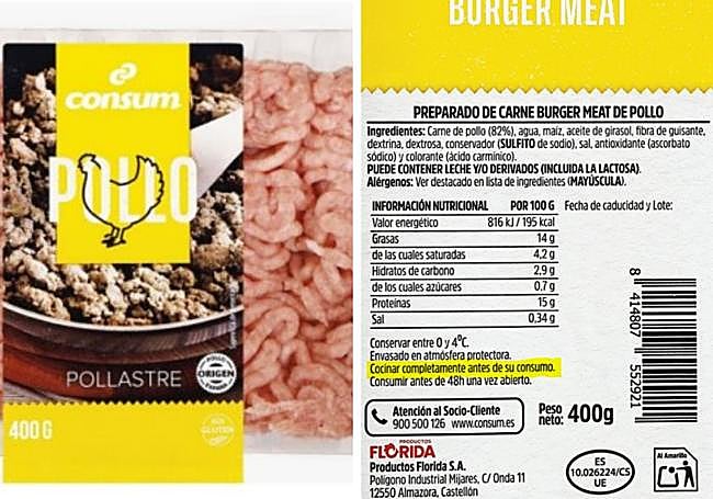 Preparado de carne de pollo de la marca Consum afectado por la alerta.