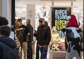 Carteles del Black Friday y decoración navideña en un establecimiento comercial de Segovia.