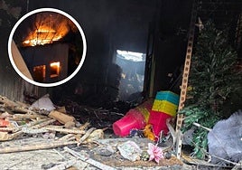 En grande, objetos del bazar calcinados; en pequeño, la cubierta del edificio envuelta en llamas.