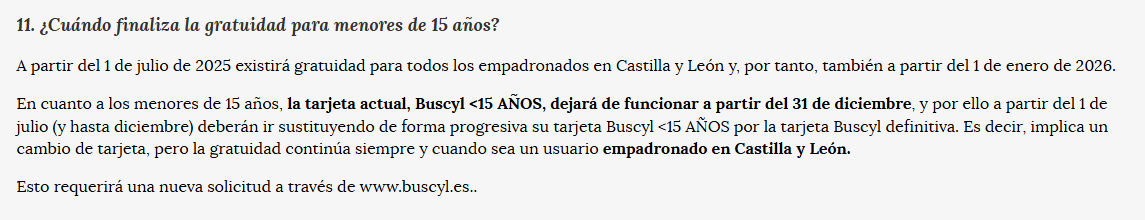 Pantallazo en el que se indica que la tarjeta de menores de 15 dejará de estar activa desde el 31 de diciembre.
