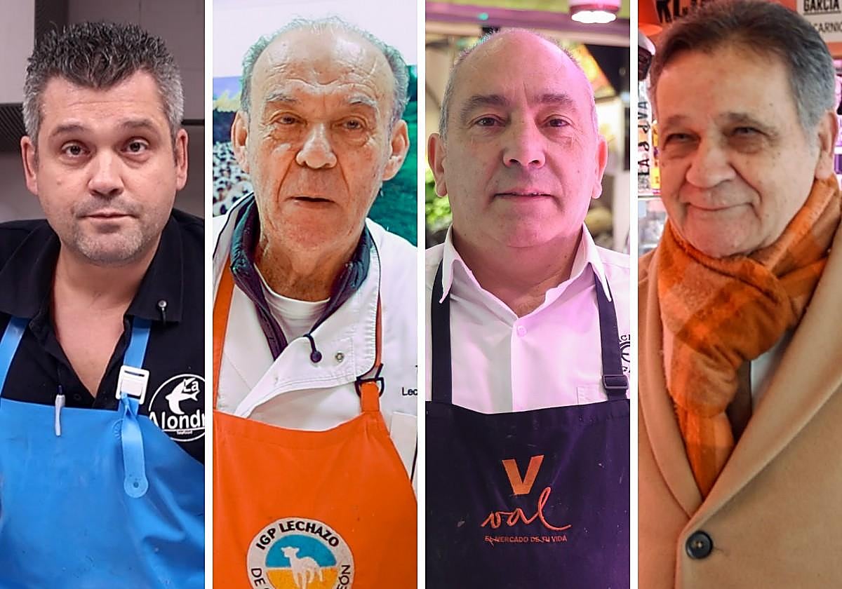 Los comerciantes del Val Ángel Gabriel Arranz, Juan Carlos Tordera y Felipe González y el cliente Carlos Ballón.