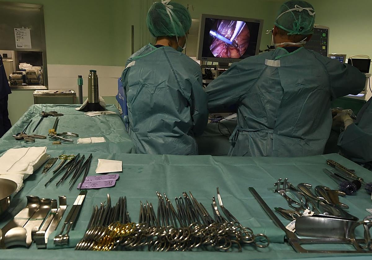 Imagen principal - Trabajo en quirófano, manipulación previa al trasplante y zona quirúrgica del Clínico de Valladolid.