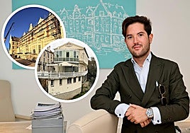 El empresario vallisoletano Agustín Pescador en sus oficinas de la calle Santiago. En detalle, el Palacio de Las Salinas, en plena reforma, y el balneario que acaba de comprar en Galicia.