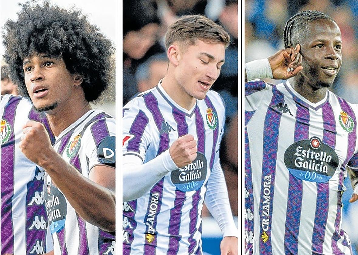 Peter Federico, Chuki y Amath celebran tres de los cuatro goles que anotaron para el Real Valladolid en Huesca