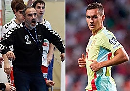 &Aacute;lvaro Senovilla, entrenador del Nava, y Jorge de Frutos, futbolista segoviano del Rayo Vallecano.