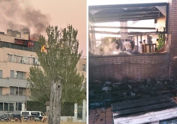 A la izquierda, las llamas en la terraza. A la derecha, el mobiliario exterior quemado en el incendio.