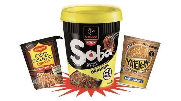 De izquierda a derecha: Pasta Oriental Express de Maggi, Soba de Gallo y Nissin y Yatekomo de Gallina Blanca.