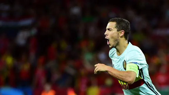 Eden Hazard celebrando su gol ante la selección húngara 