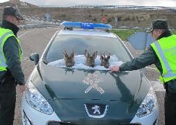 Los guardias civiles muestran sobre su coche las cabezas de corzo. / El Norte