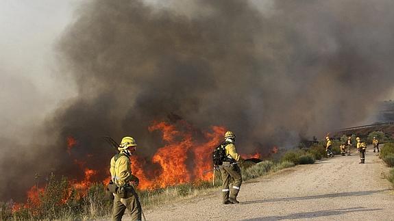 Efectivos de los bomberos tratan de controlar el incendio.