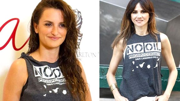 Penélope  Cruz y Goya Toledo, con las camisetas de protesta. 